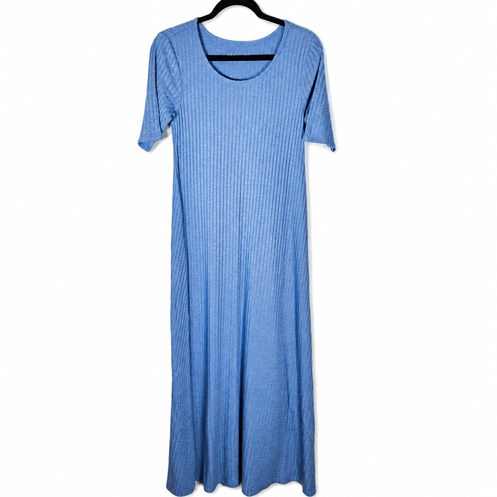Soft Surroundings Maxi Dress XS Blue Ribbed Knit Short Sleeve Casual‎ Minimalist